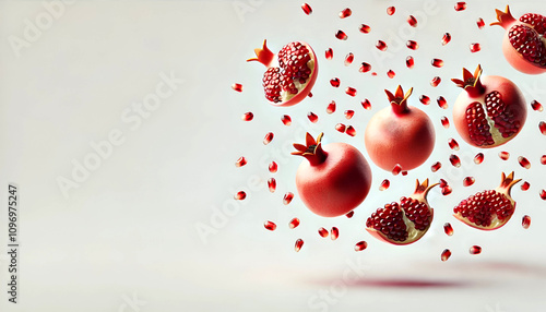 Pomegranate fruits and grains flying in the air on clean white background  photo