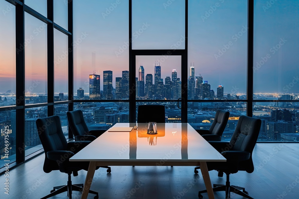 Fototapeta premium Contemporary Professional Office at Dusk with Urban Skyline for Corporate Presentations