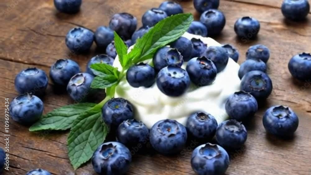 blueberries with mint leaves and yogurt scattered on wood blueberries with mint leaves and yogurt scattered on wood