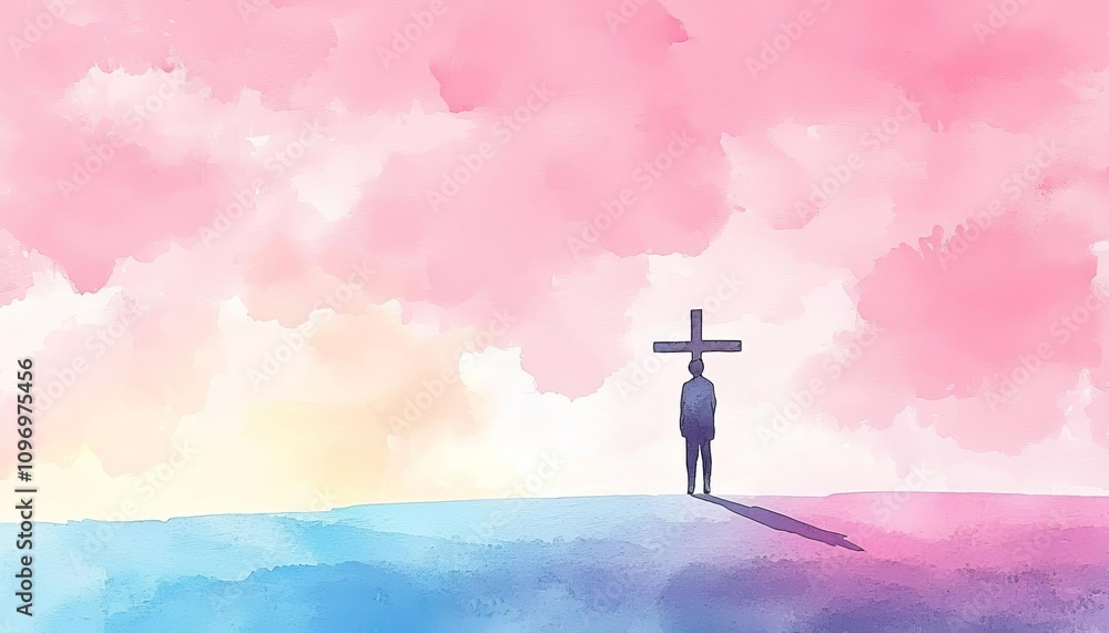 Obraz premium A silhouette of a person standing before a large cross against a vibrant sky.