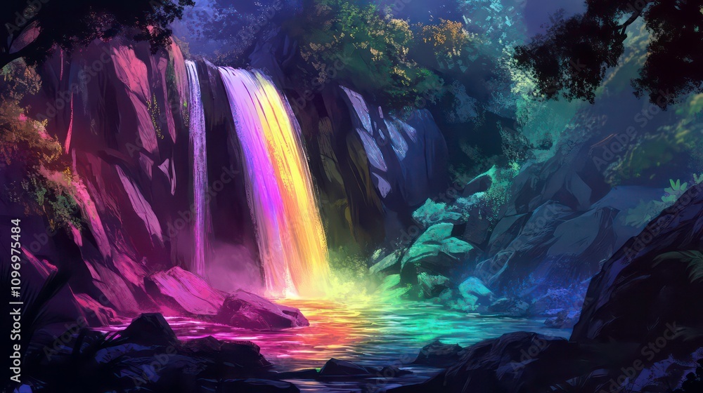 A magical rainbow waterfall cascades down a cliff face in a lush, green forest. A magical rainbow waterfall cascades down a cliff face in a lush, green forest.