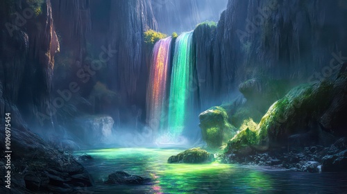 A magical rainbow waterfall cascades down a rocky cliff face into a serene pool.