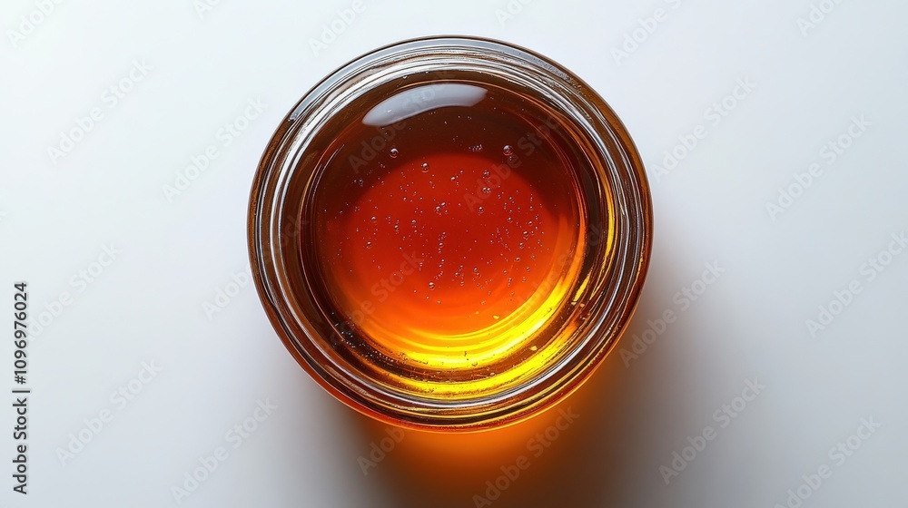 A close-up view of a jar filled with golden liquid, possibly honey or syrup. A close-up view of a jar filled with golden liquid, possibly honey or syrup.