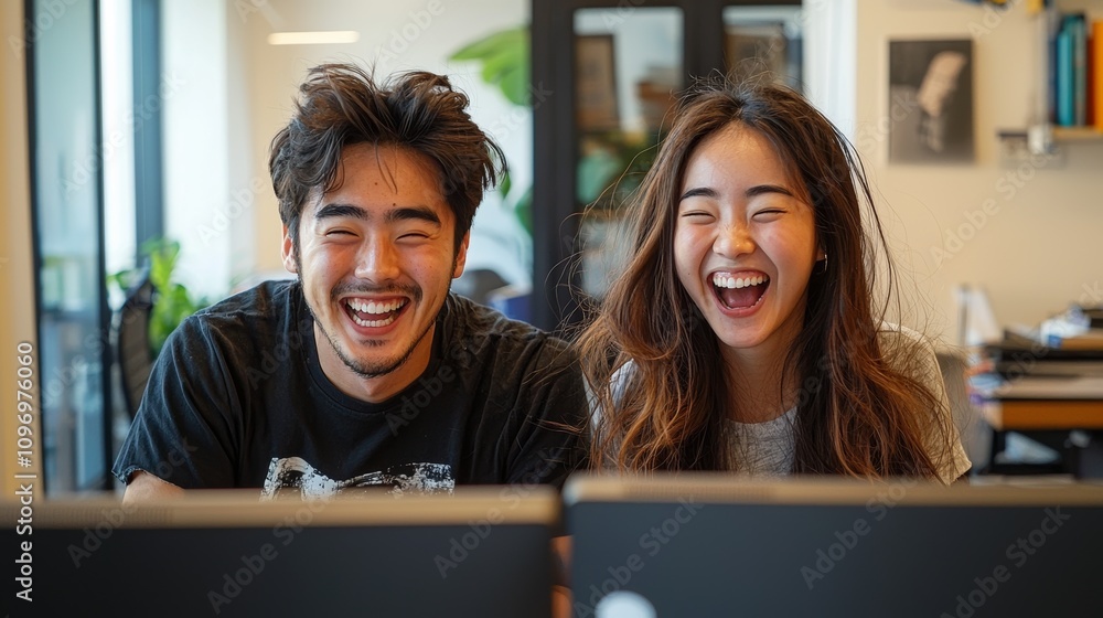 Employee worker laughing at loud, feeling happy Employee worker laughing at loud, feeling happy