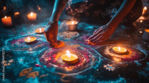 Hands creating colorful art with candles and powder photo