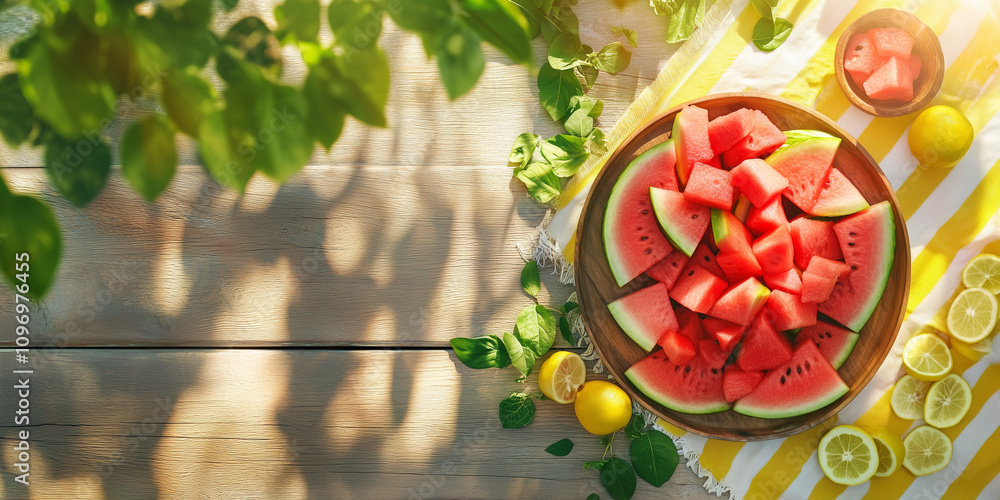 Naklejka premium Fresh watermelon platter and lemons in sunlight for Watermelon Festival