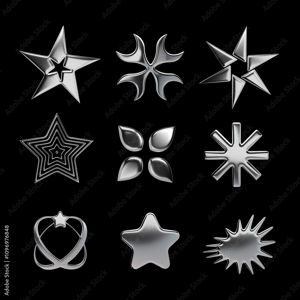 Obraz premium Y2K chrome elements. Trendy collection of abstract figures with a shiny metallic effect