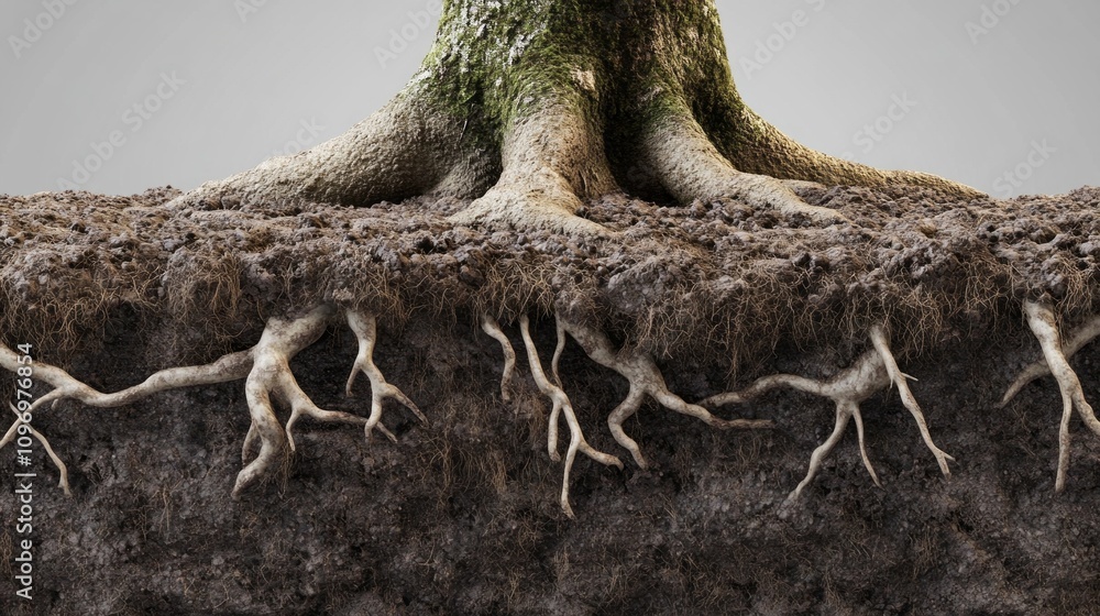 Fototapeta premium A tree root is shown in the dirt
