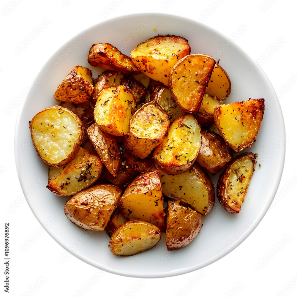 Roasted potato on a plate top view isolated on white background Roasted potato on a plate top view isolated on white background