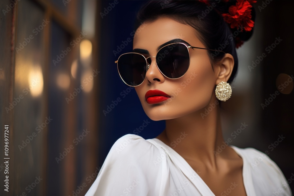 A Stylish Woman Sporting Sunglasses and Striking Bold Red Lips Captivating Attention A Stylish Woman Sporting Sunglasses and Striking Bold Red Lips Captivating Attention