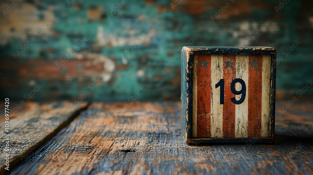 commemorating juneteenth with American flag and wooden block calendar set on June 19th commemorating juneteenth with American flag and wooden block calendar set on June 19th