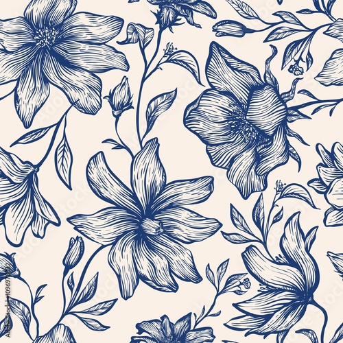 Seamless handmade floral linear vintage ink line pattern for fabric design, decor, ceramics, greeting cards, flowers, texture print on a beige background
