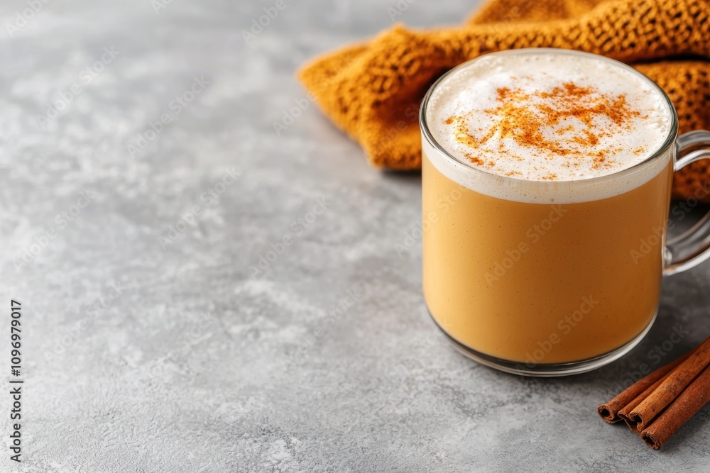 Frothy golden milk latte with turmeric and cinnamon in a glass cup on a cozy background Frothy golden milk latte with turmeric and cinnamon in a glass cup on a cozy background
