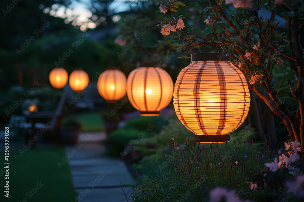Illuminated paper lanterns in evening garden, natural twilight.