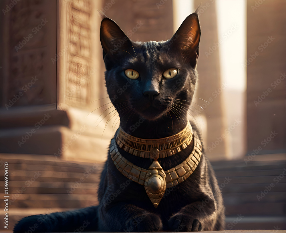black egyptian Bastet cat laying against temple with columns and sunset light. Egyptian goddess Bastet. Ai generated