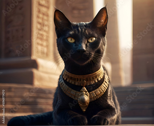 Obraz na płótnie black egyptian Bastet cat laying against temple with columns and sunset light. Egyptian goddess Bastet. Ai generated w salonie