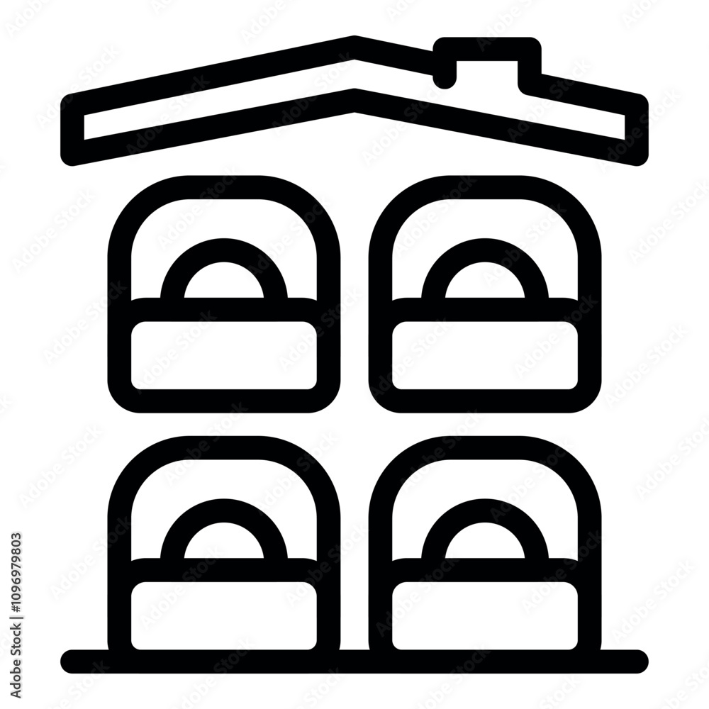 Simple black and white icon of hostel building offering four beds, suitable for budget travelers seeking affordable lodging Simple black and white icon of hostel building offering four beds, suitable for budget travelers seeking affordable lodging