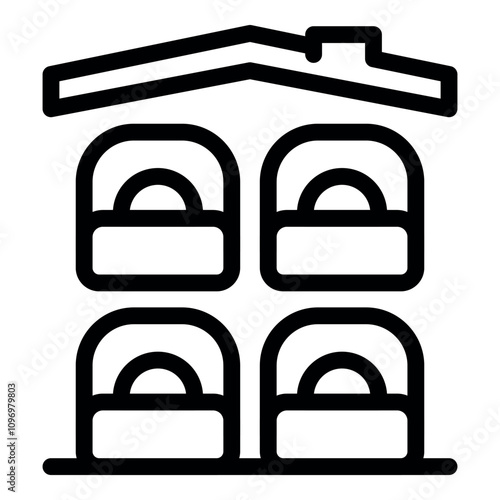 Simple black and white icon of hostel building offering four beds, suitable for budget travelers seeking affordable lodging