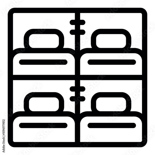 Simple black and white icon of four bunk beds in a hostel room, offering basic accommodation for budget travelers