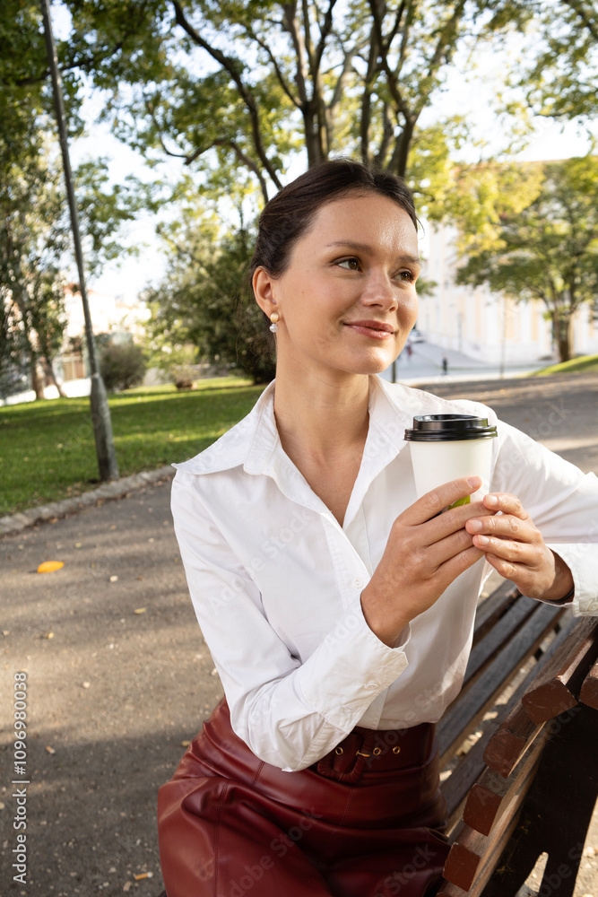 Woman with a white clean cup of takeaway coffee. Business office style, concept. Lunch time. Coffee break. After work. Place for text Woman with a white clean cup of takeaway coffee. Business office style, concept. Lunch time. Coffee break. After work. Place for text