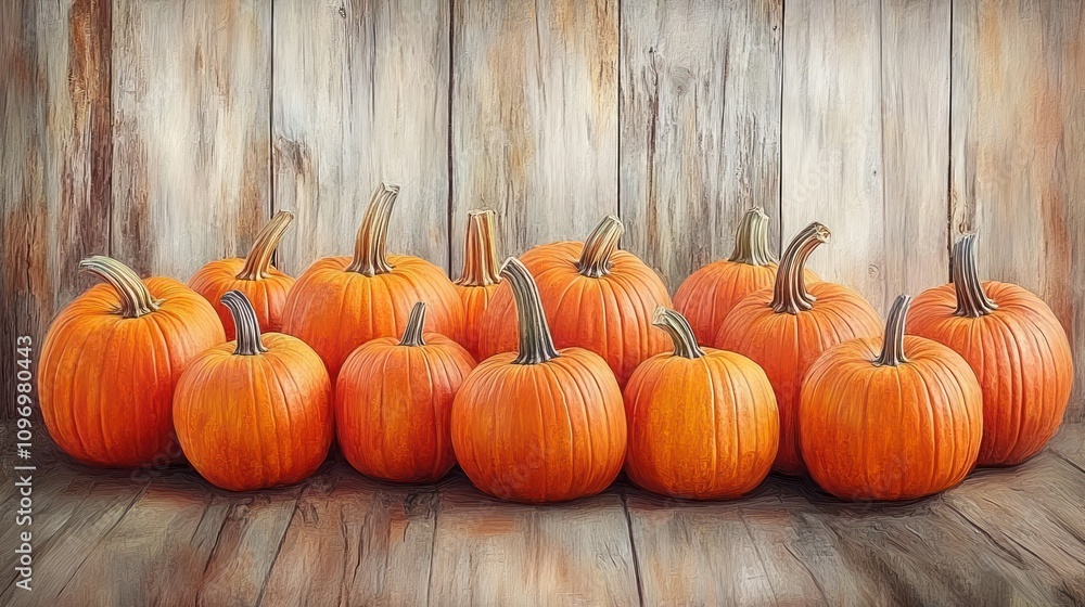 A collection of orange pumpkins arranged on a wooden surface, ideal for autumn decor. A collection of orange pumpkins arranged on a wooden surface, ideal for autumn decor.