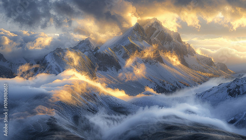 Serene alpine landscape with peaks veiled in white and gold clouds, undulating hills, and sunlight casting a warm glow. photo