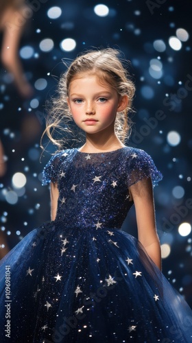 Twinkling Dreams: A young girl, dressed in a dazzling, midnight blue gown adorned with shimmering stars, radiates ethereal charm and innocence. Her gaze is captivating.