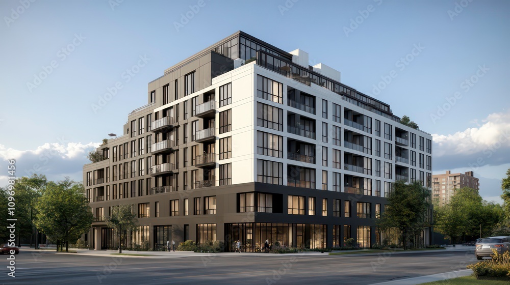 Modern apartment building with black and white facade, large windows, and street level retail space. Modern apartment building with black and white facade, large windows, and street level retail space.