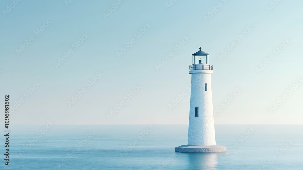 A lone white lighthouse stands tall against a calm blue sea and sky. A lone white lighthouse stands tall against a calm blue sea and sky.
