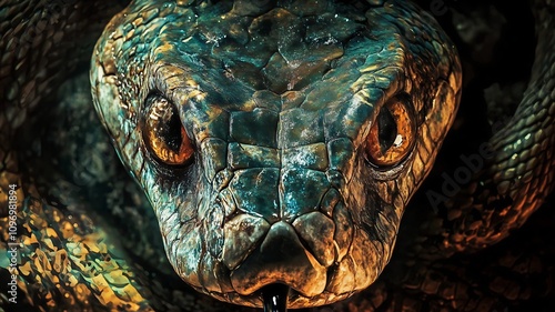 Abstract horror thriller movie poster image, menacing snake head close-up, humanoid photo