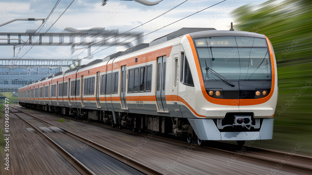 Electric train gliding along tracks in an urban area during a cloudy day with green surroundings Electric train gliding along tracks in an urban area during a cloudy day with green surroundings