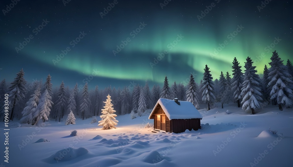 Paisaje Invernal de Fantasía Un paisaje nevado con árboles cubiertos de nieve, una cabaña decorada con luces navideñas y un cielo nocturno brillante lleno de estrellas y auroras boreales Paisaje Invernal de Fantasía Un paisaje nevado con árboles cubiertos de nieve, una cabaña decorada con luces navideñas y un cielo nocturno brillante lleno de estrellas y auroras boreales