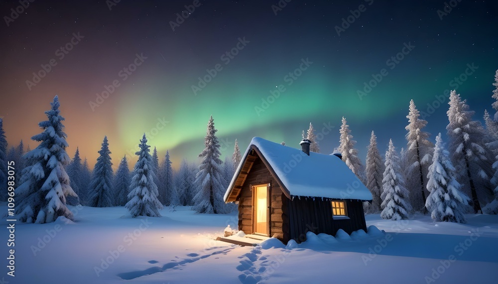 Paisaje Invernal de Fantasía Un paisaje nevado con árboles cubiertos de nieve, una cabaña decorada con luces navideñas y un cielo nocturno brillante lleno de estrellas y auroras boreales Paisaje Invernal de Fantasía Un paisaje nevado con árboles cubiertos de nieve, una cabaña decorada con luces navideñas y un cielo nocturno brillante lleno de estrellas y auroras boreales