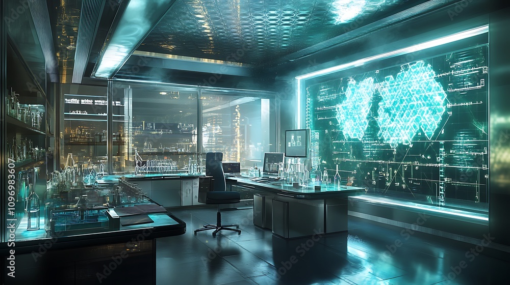 Fototapeta premium A futuristic chemistry lab with AI-powered systems for real-time monitoring of reaction conditions and product analysis