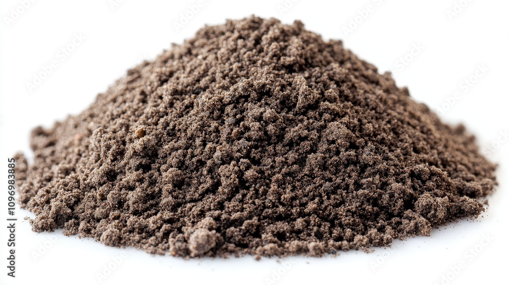 A mound of dark, fine soil or dirt, likely used for gardening or landscaping. A mound of dark, fine soil or dirt, likely used for gardening or landscaping.