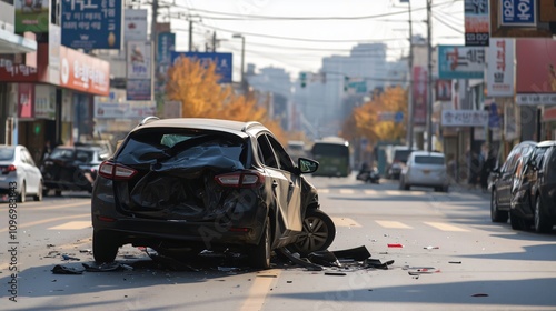 Wrecked car blocking road after traffic accident in city
