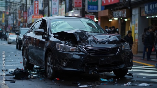 Crashed car blocking traffic in city street after accident