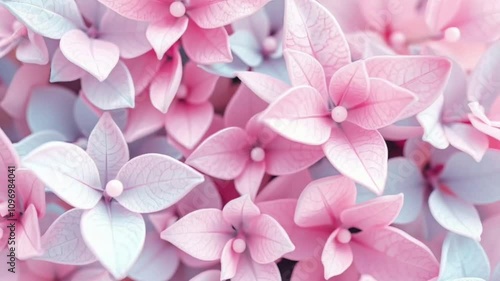 Beautiful pink and pastel blue flowers are creating a stunning floral background, perfect for spring or romantic themes.