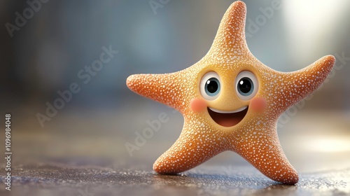 A cute, cartoon starfish with a big smile and sparkly, orange skin. photo