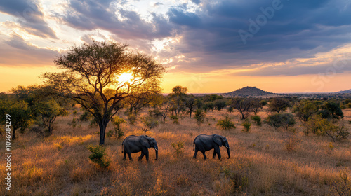 Two elephants walk beneath an acacia tree in a glowing sunset, painting the savanna in rich, golden hues.