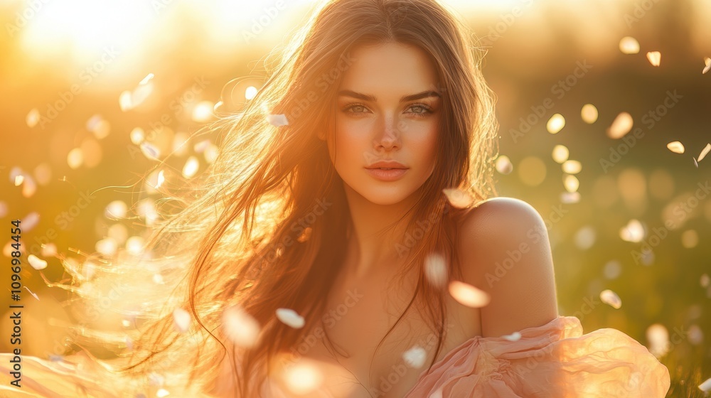 A serene portrait of a woman surrounded by soft light and petals. A serene portrait of a woman surrounded by soft light and petals.