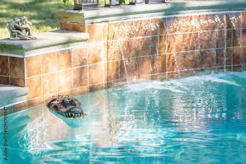 A fake alligator head in a beautiful pool with a waterfall used to deter real alligators