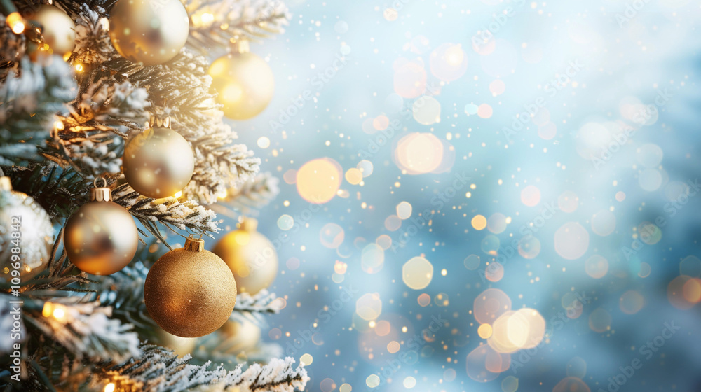 Kleine goldene Christbaumkugeln am Weihnachtsbaum mit Textfreiraum für Werbung oder Einladung Kleine goldene Christbaumkugeln am Weihnachtsbaum mit Textfreiraum für Werbung oder Einladung