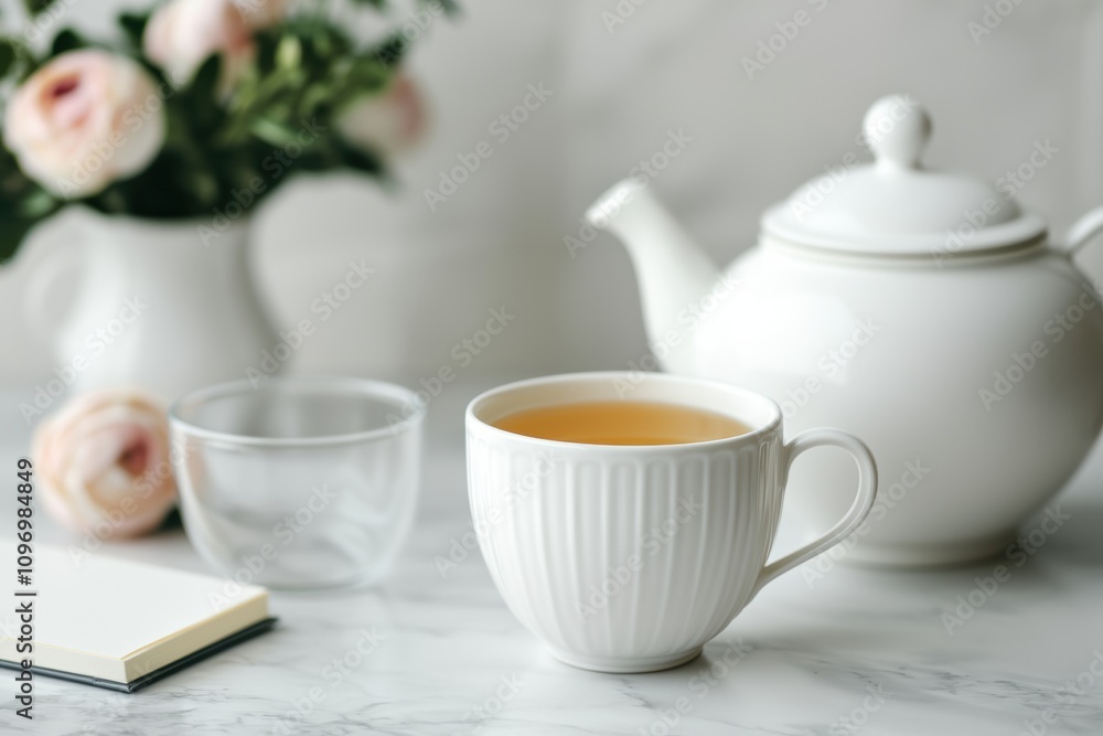 Morning tea setup inspiring peace and mindfulness with fresh flowers and journal Morning tea setup inspiring peace and mindfulness with fresh flowers and journal