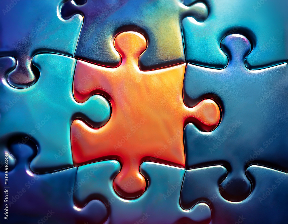 Close up of an orange puzzle piece fitting into a blue jigsaw puzzle, symbolizing problem solving, connection, and teamwork Close up of an orange puzzle piece fitting into a blue jigsaw puzzle, symbolizing problem solving, connection, and teamwork