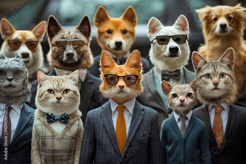 Fototapeta Naklejka Na Ścianę i Meble -  A group of animals in diverse office attire, posing for an annual office team photo
