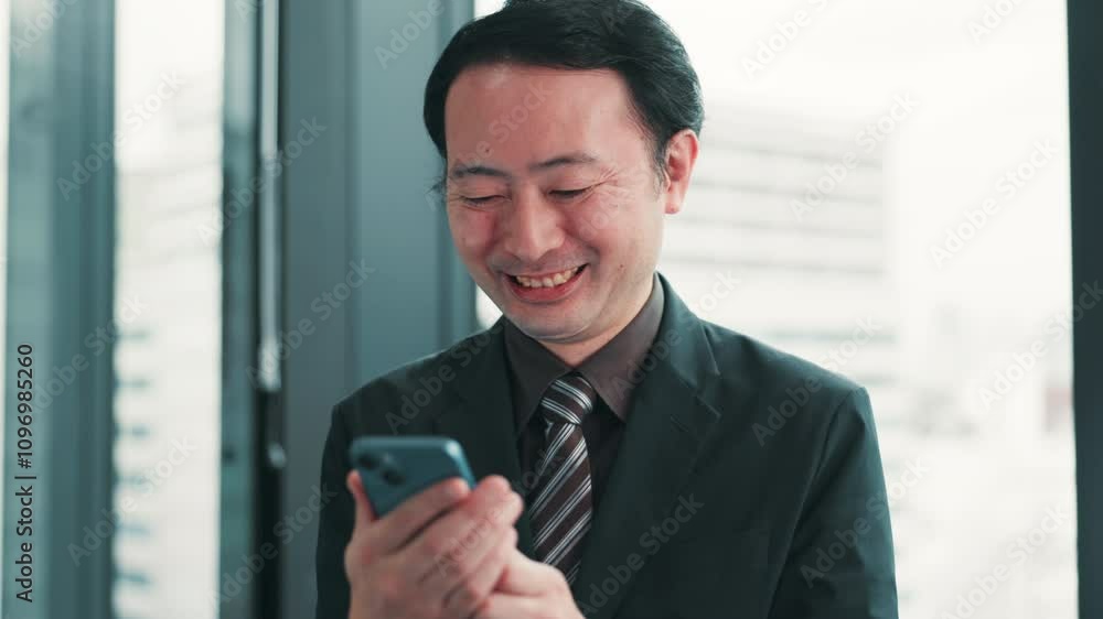 Happy businessman, phone or laughing in office for good news, communication and networking. Japan, browsing or Asian city planner texting on mobile for funny notification, approval email and chat Happy businessman, phone or laughing in office for good news, communication and networking. Japan, browsing or Asian city planner texting on mobile for funny notification, approval email and chat