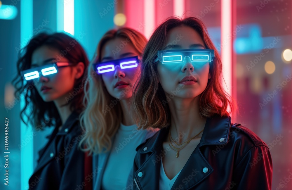 Three young diverse women wear futuristic sunglasses. They stand in a stylish urban setting. Neon lights illuminate city architecture. Trendy fashion group. Modern lifestyle. Three young diverse women wear futuristic sunglasses. They stand in a stylish urban setting. Neon lights illuminate city architecture. Trendy fashion group. Modern lifestyle.