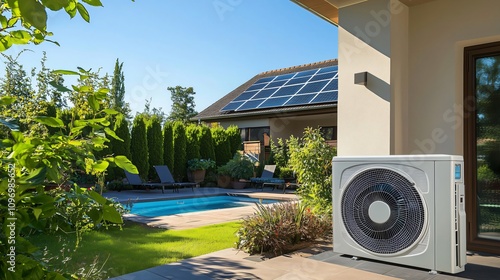 Heat pump using renewable energy for cooling modern house with solar panels and swimming pool