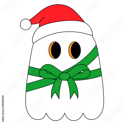 cute white ghost wearing Santa hatis adorned with green ribbon and bow tie illustration photo